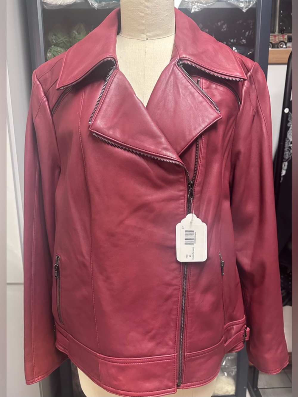 Plus size Women's Red Genuine Leather Moto Jacket
